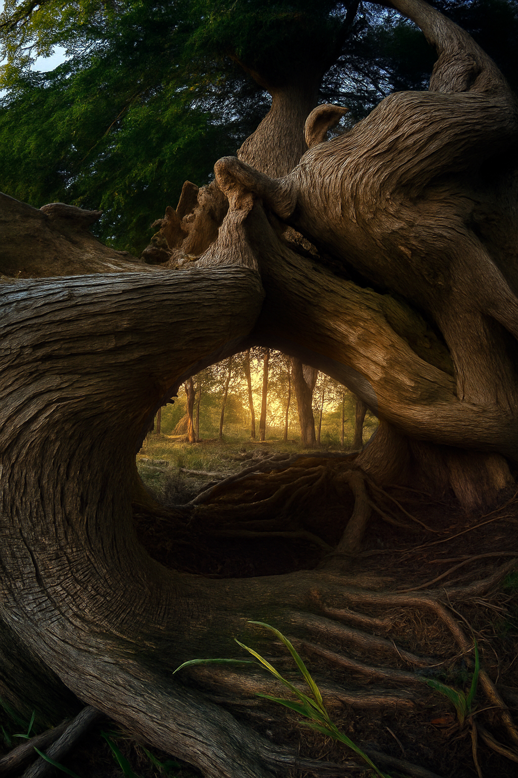 Twisted tree gripping a cliffside with an opening through its center, overlooking a distant lake