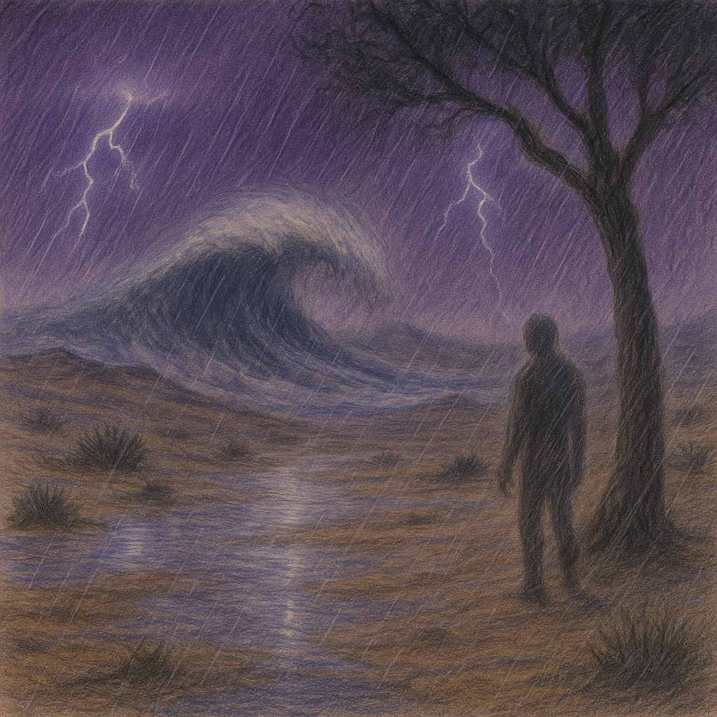 Colored pencil sketch of a figure with wave, rain, a tree and lightning