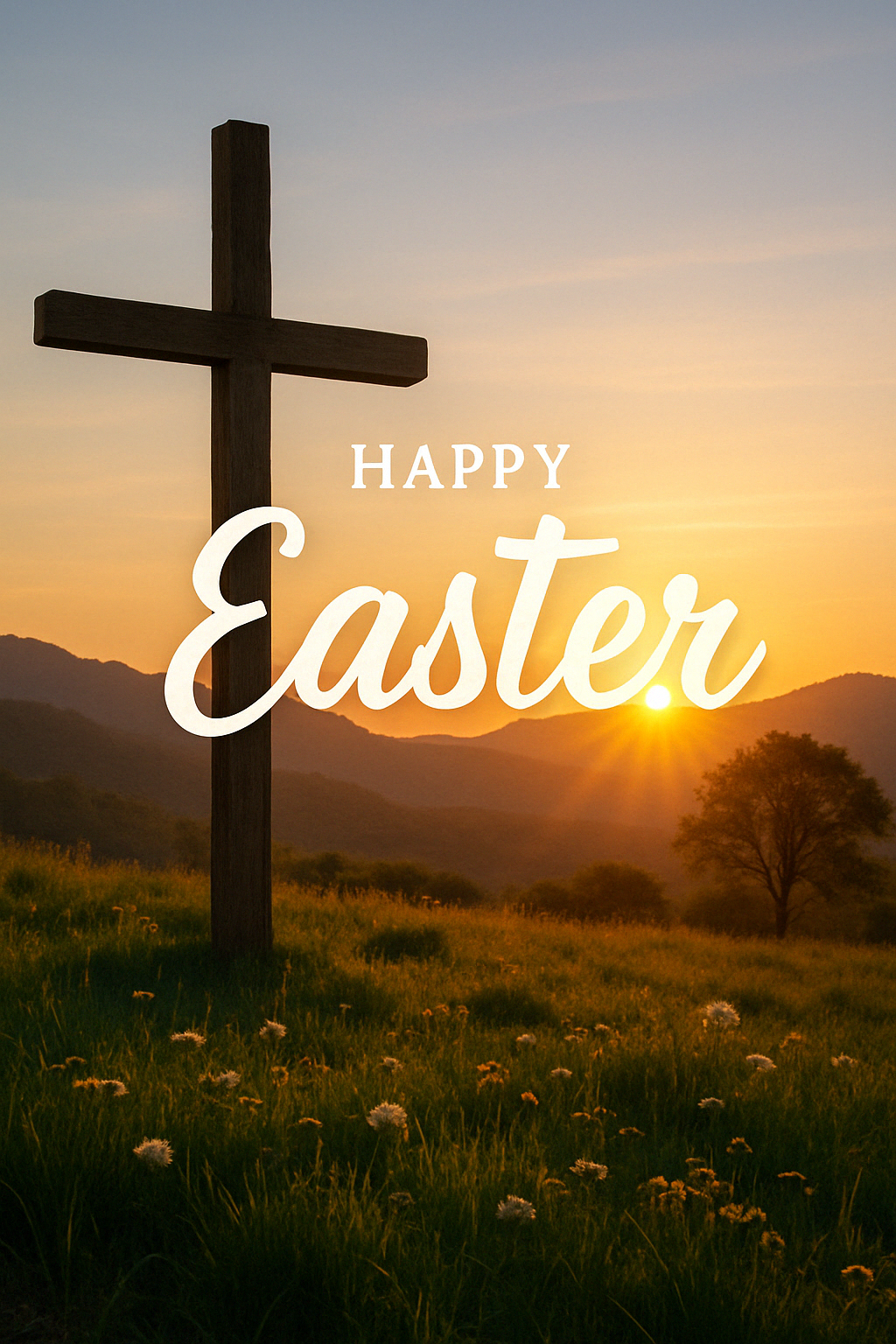 Cross at sunrise with Happy Easter message