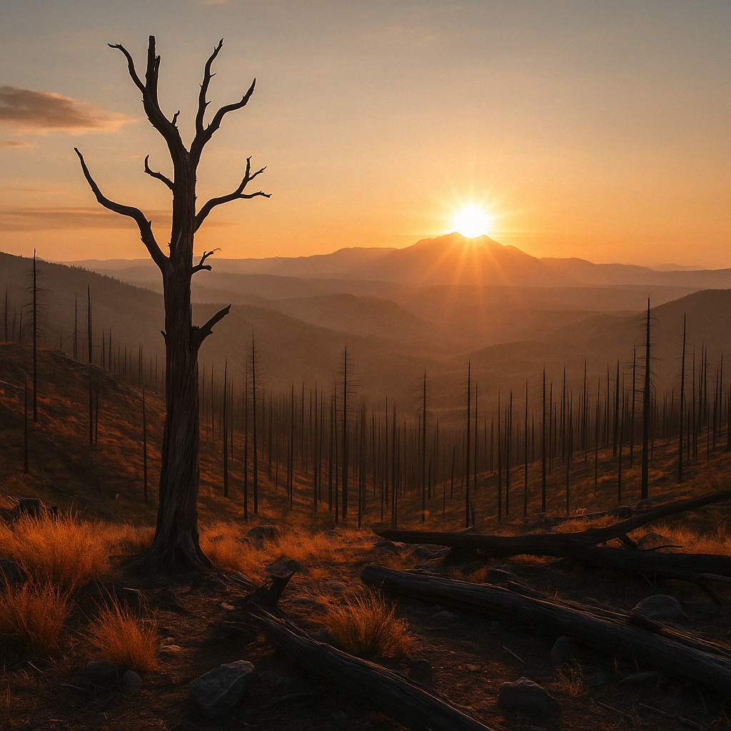 Burned forest sunrise reflecting Easter rebirth